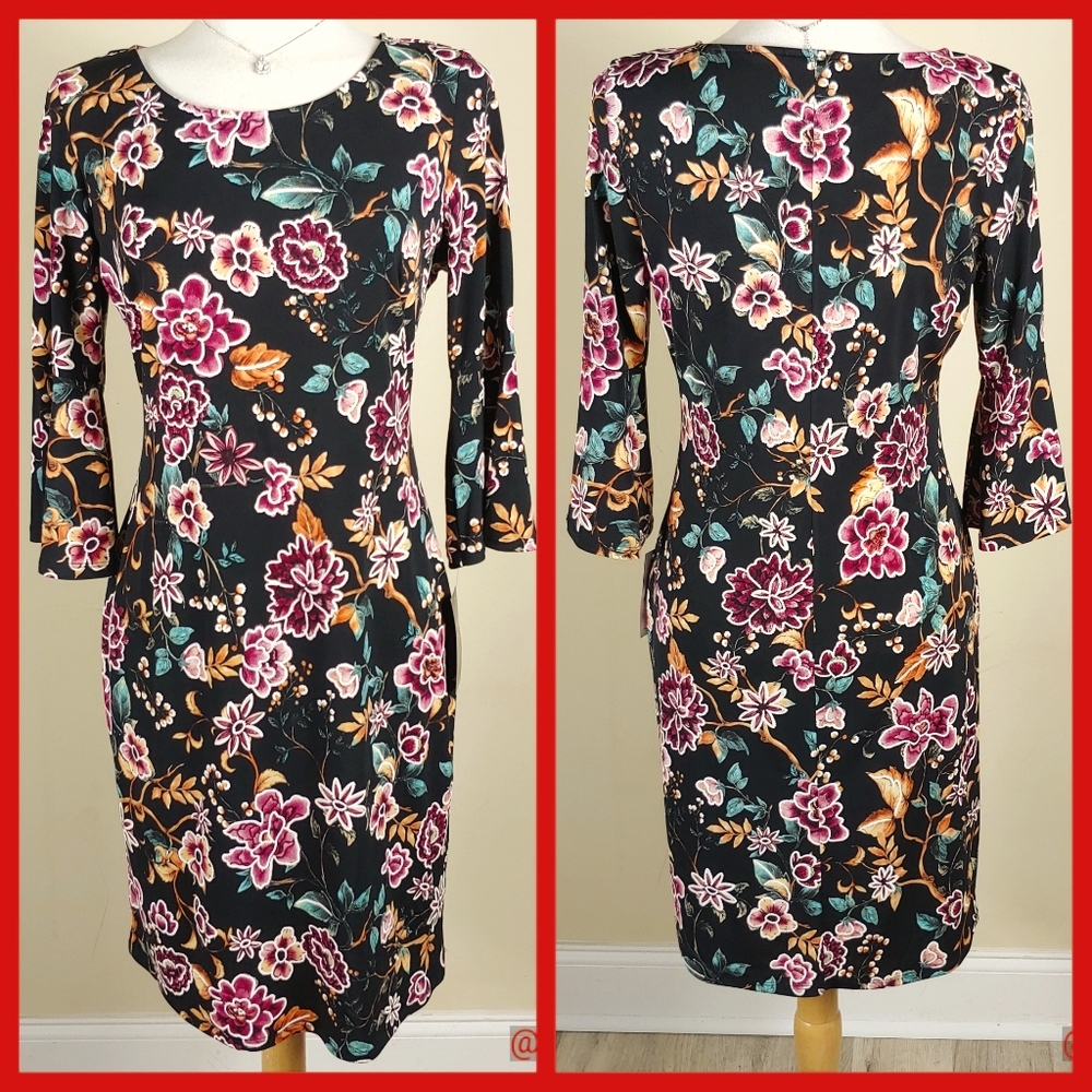 John Meyer Studio floral shift pullon dress Floral Sz M Fall Colors Embroidered
